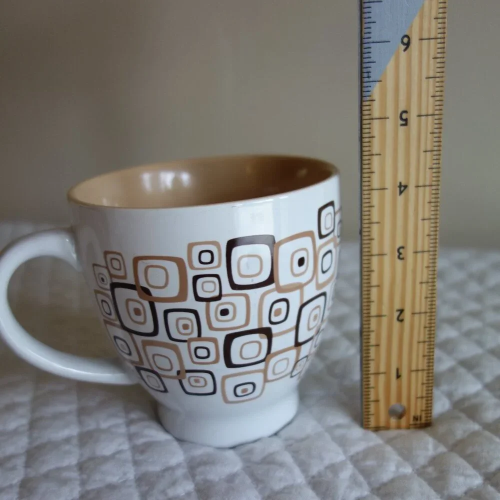 Set of two PIER 1 ONE Stoneware Retro Mod Brown & Tan Squares Jumbo Mugs